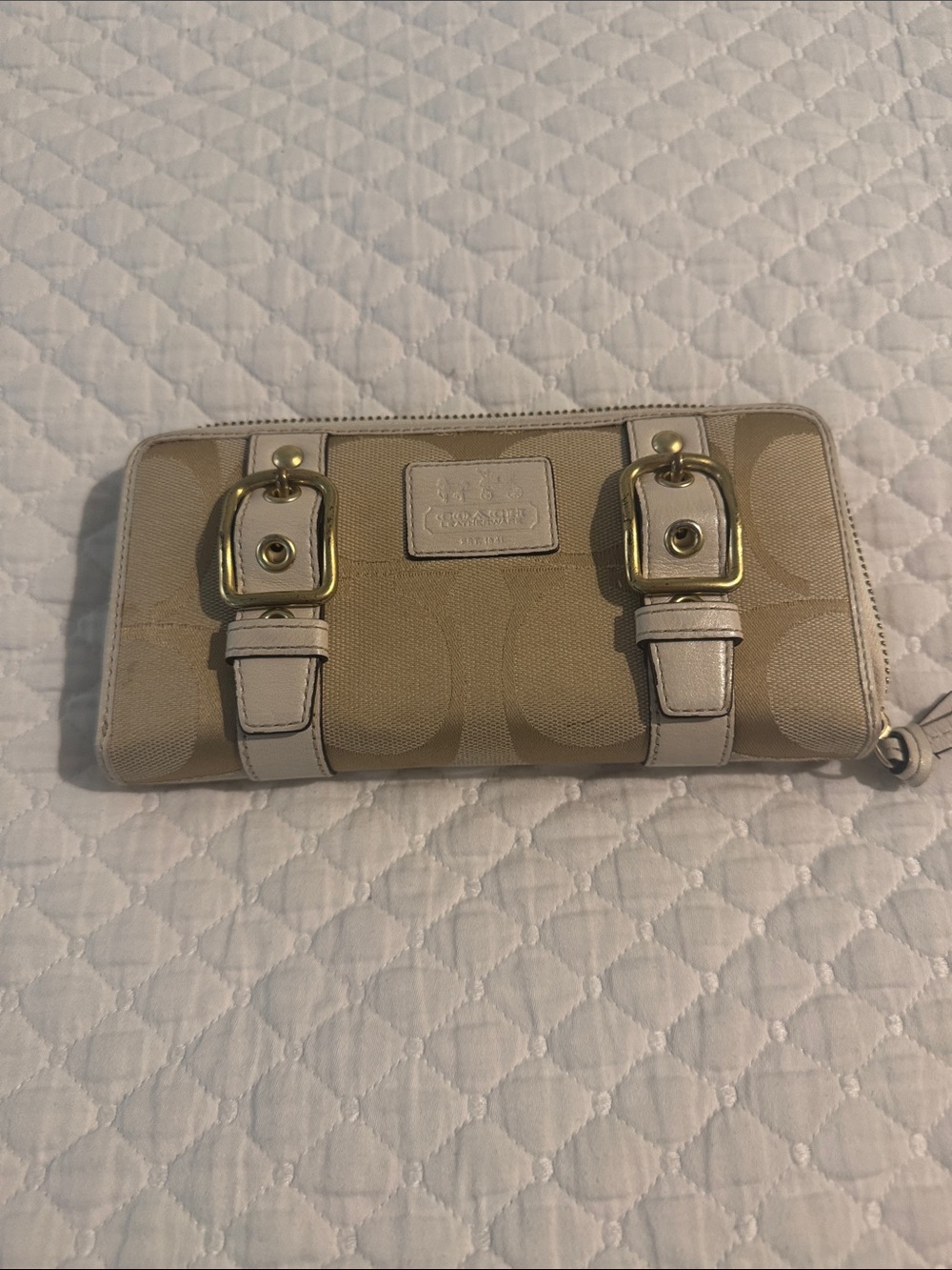 Coach Beige Signature Canvas Zip Wallet with Cream Trim and Gold Buckles